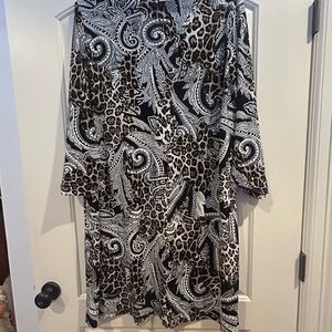 Paisley & Leopard Print Long Sleeve Dress - Black, White, Brown